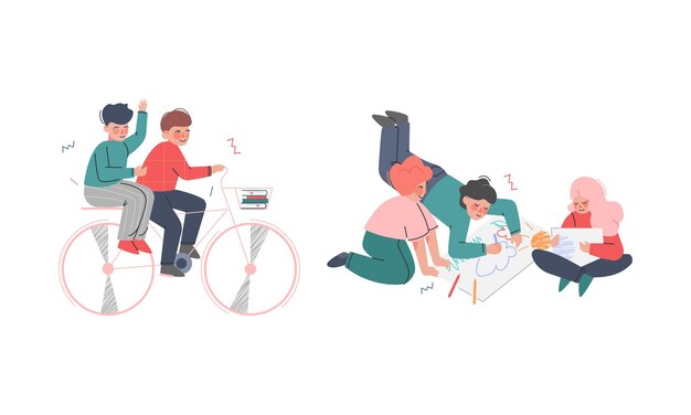 Des enfants heureux à vélo et dessinant ensemble sur papier Set vectoriel