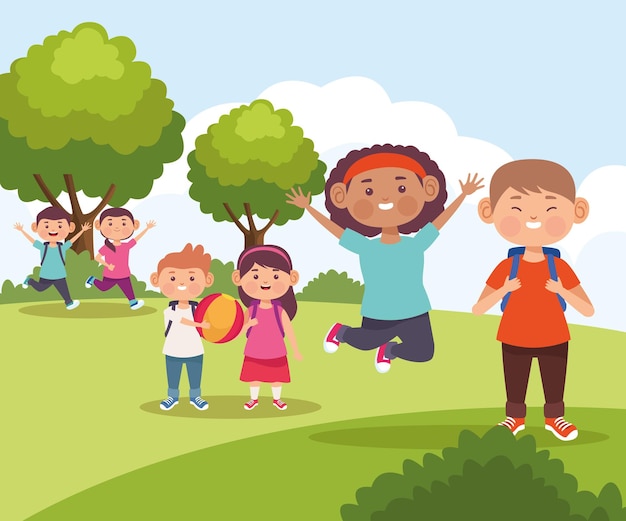 Enfants en illustration de paysage naturel