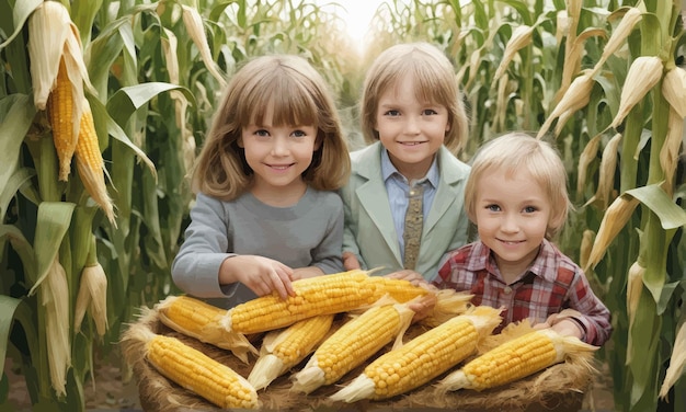 enfants jouant au maïs dans le champenfants jouant au maïs dans le champenfants tenant du maïs dans les mains