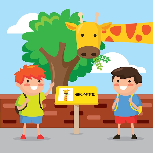 Enfants jouant dans l'illustration de dessin animé de zoo