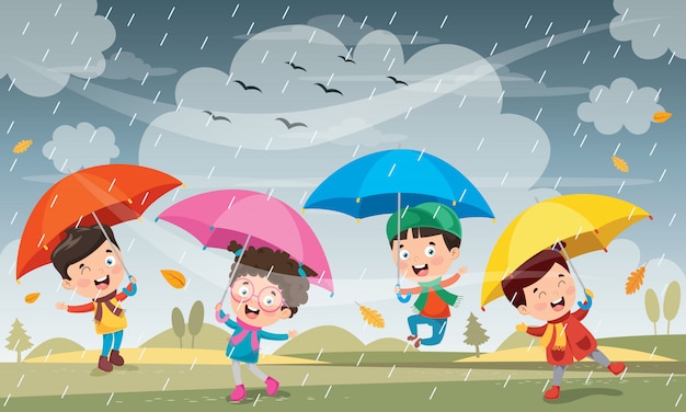 Enfants jouant sous la pluie