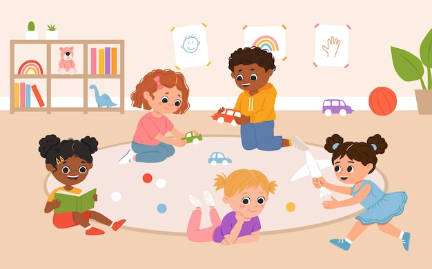 Vecteur les enfants jouent à des jouets et à des jeux ensemble à la maternelle salle de jeux de dessin animé avec des enfants