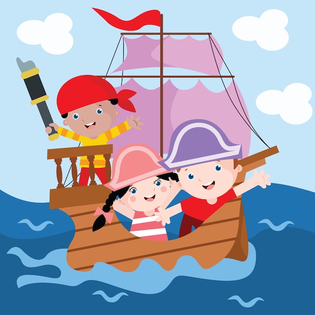 Enfants Jouent Pirate Cartoon Illustration