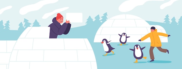 Vecteur des enfants joyeux s'ébattent avec des pingouins et construisent des igloos dont leurs rires font écho dans un camp de pays des merveilles d'hiver, une scène magique de délices hivernaux et de rencontres avec des animaux. illustration vectorielle de personnes de dessin animé