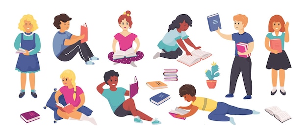 Enfants de lecture. Personnages d'enfants d'école de dessin animé debout et assis avec des livres, lisant et apprenant à l'école et à la maison. Ensemble d'étude d'enfants intelligents d'illustration vectorielle