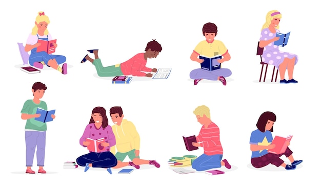 Les enfants lisent des livres Les enfants qui étudient à l'école ou à la maison Des garçons et des filles heureux apprennent à s'allonger ou à s'asseoir sur une chaise et au sol Passe-temps de loisirs et éducation Personnes avec un ensemble de vecteurs littéraires