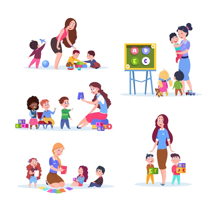 Vecteur enfants à la maternelle. enfants amusants apprenant et jouant en classe avec l'enseignant. jeu de caractères de vecteur de dessin animé