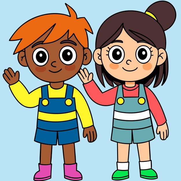 Vecteur les enfants de la maternelle vont à l'école les élèves dessinent à la main la mascotte du personnage de dessin animé le concept de l'icône de l'autocollant