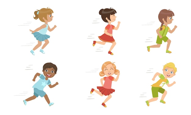 Vecteur les enfants mignons courent ensemble les garçons et les filles adorables font du sport participent à la compétition de course illustration vectorielle