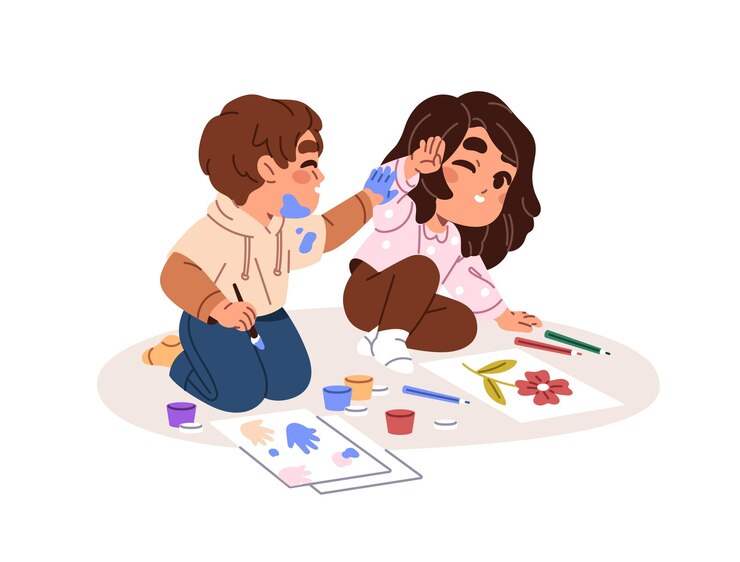Des enfants mignons dessinent avec des crayons peignent sur du papier sur le sol Des enfants heureux peignent ensemble Des amis joyeux Petit garçon et petite fille s'amusent Jouer Illustration vectorielle isolée plate sur fond blanc