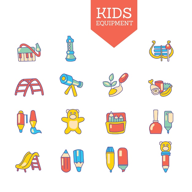 Vecteur enfants mignons dessinés à la main ou jeu d'icônes kid equpment