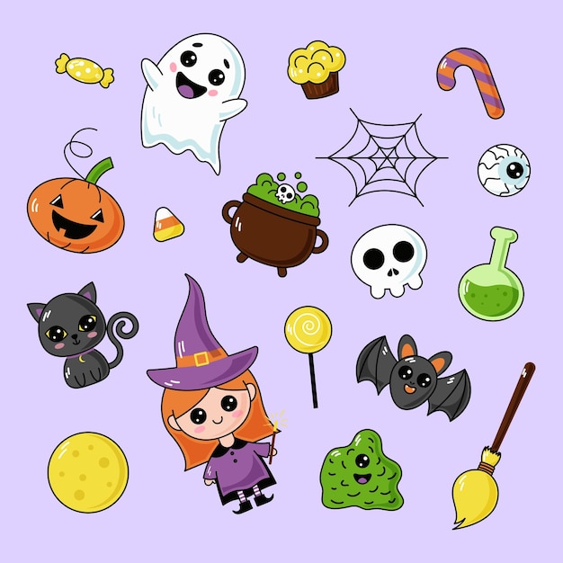 Vecteur des enfants mignons ensemble d'halloween bonne citrouille drôle personnage de chat effrayant fantôme crâne web chaudron peut