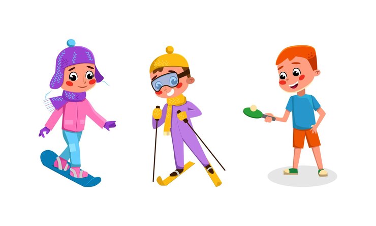 Vecteur des enfants mignons faisant du sport. une fille et un garçon faisant du ski, du snowboard et du tennis de table. illustration vectorielle de dessin animé.