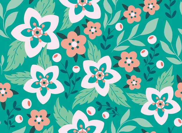 Vecteur enfants mignons imprimé floral avec un pré doux petites fleurs feuilles herbes sur un fond bleu motif sans couture avec des plantes décoratives simples illustration vectorielle