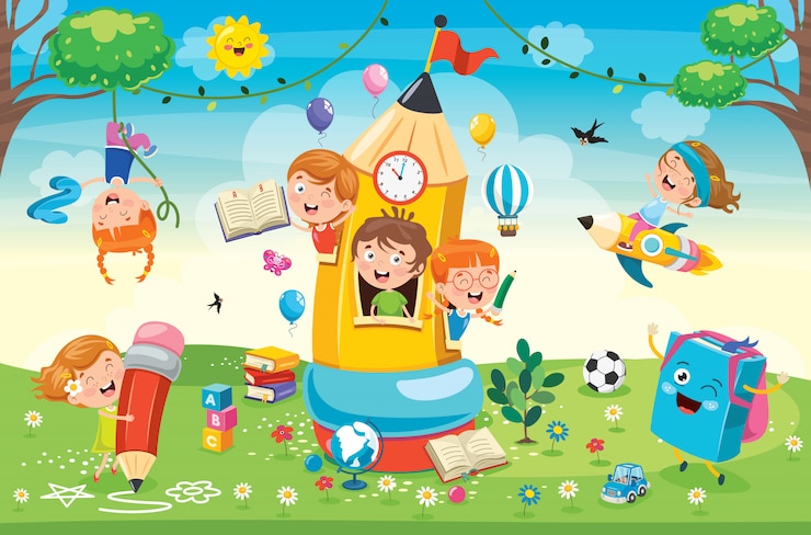 Vecteur enfants mignons jouant à la maison du crayon
