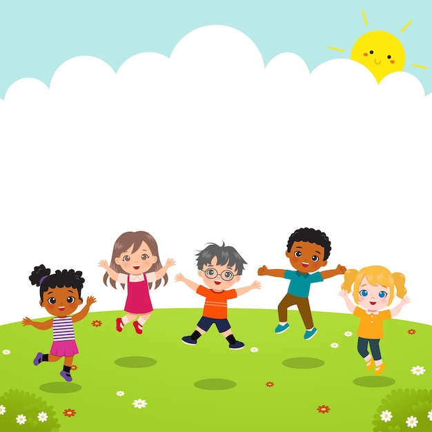 Enfants mignons jouant et sautant dans le jardin. Style de dessin animé plat