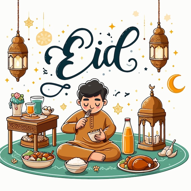 Des enfants mignons mangent et souhaitent Eid Mubarak.