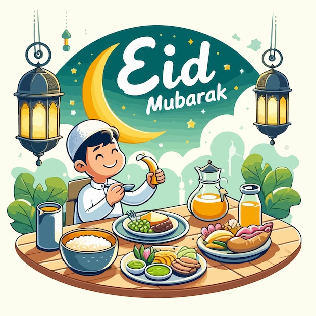 Des enfants mignons mangent et souhaitent Eid Mubarak.