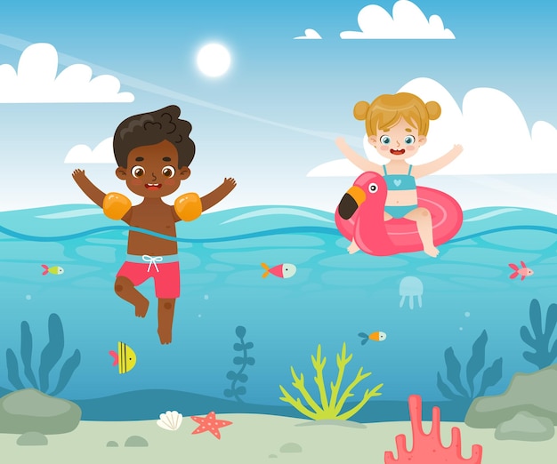 Vecteur enfants mignons nageant dans la mer avec un équipement gonflable paysage sous-marin de dessin animé avec des enfants adorables