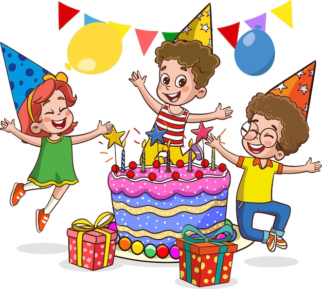 Des enfants mignons s'amusent à une fête d'anniversaire. Illustration vectorielle de dessin animé.