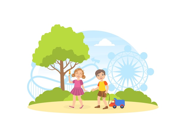 Vecteur des enfants mignons se promenant et jouant dans le parc paysage d'été avec des carrousels et une illustration vectorielle de la roue de ferris