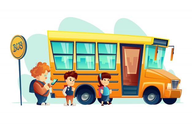 Vecteur les enfants montent sur l'autobus scolaire sur le panneau d'arrêt, isolé