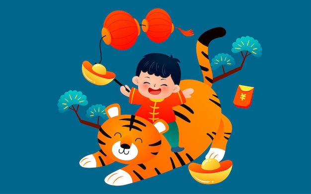 Les enfants montent le tigre pendant la fête du printemps de l'année du tigre pour illustrer le chinois