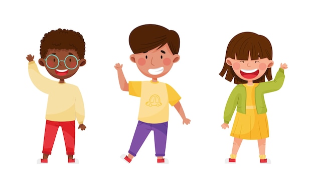Des enfants multiraciaux souriants agitant les mains mettent en place une illustration vectorielle de dessin animé