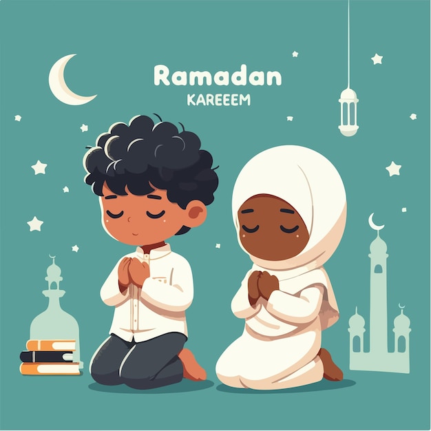 Les Enfants Musulmans Prient Avec Le Texte Ramadan Kareem