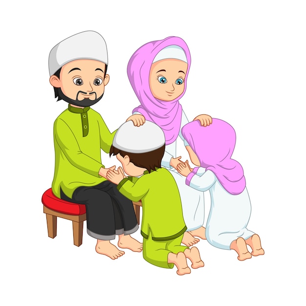 Vecteur enfants musulmans se prosternant et embrassant les mains de ses parents