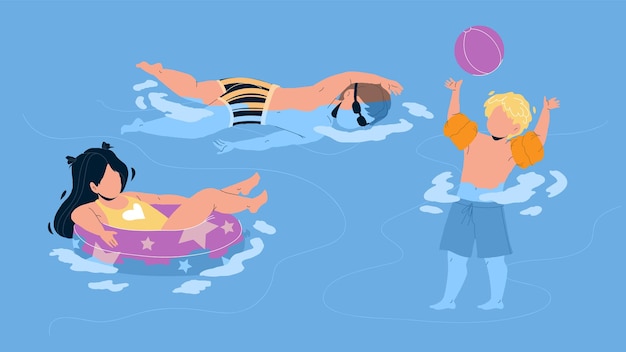 Enfants Nager Et Jouer Dans Le Vecteur Waterpool. Garçon Jouer Avec Ballon Et Nager, Fille Flottant Sur Bouée De Sauvetage, Enfants Dans La Piscine. Personnages Vacances été Temps Ludique Illustration Dessin Animé Plat