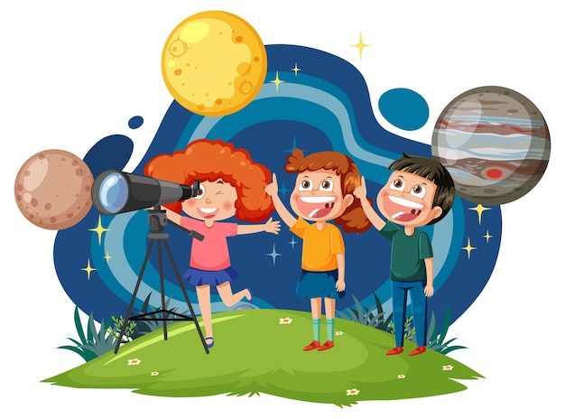 Vecteur enfants observant le ciel avec un télescope