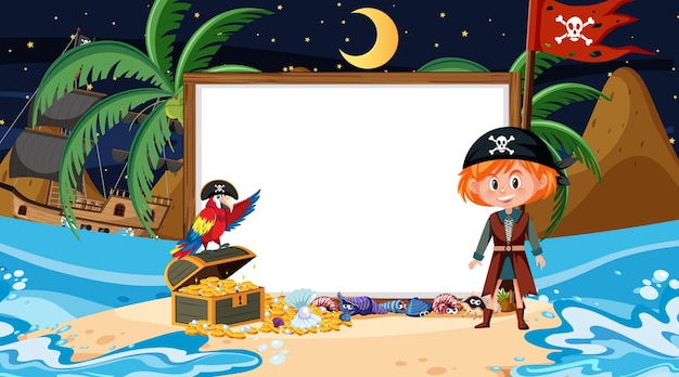 Enfants pirates sur la scène nocturne de la plage avec un modèle de bannière vide