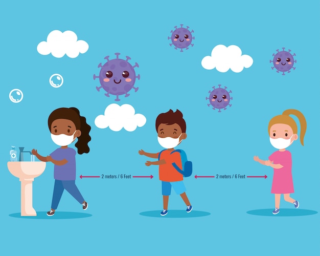 Vecteur les enfants portant un masque médical et la distance sociale protègent le coronavirus covid 19, font la queue pour se laver les mains