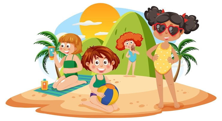 Vecteur enfants profitant des vacances d'été sur l'île