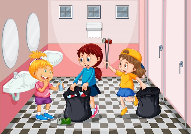 Enfants Ramassant Les Ordures Dans Les Toilettes