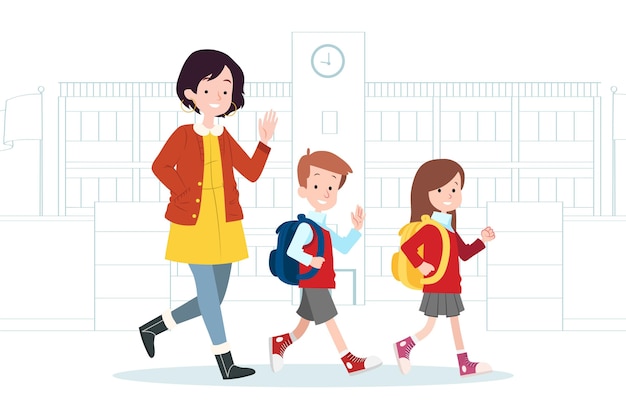 Enfants De Retour à L'école Avec Illustration Des Parents