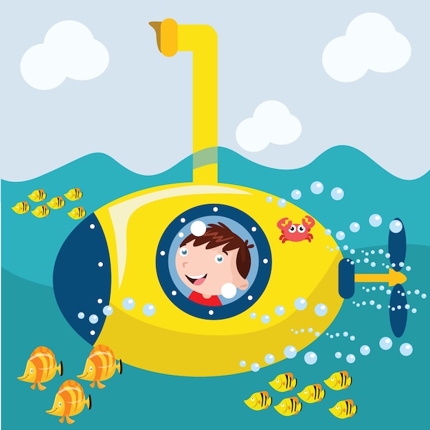 Enfants Ride Submarine Cartoon Illustration