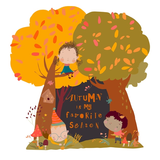 Des enfants s'amusent dans la forêt d'automne.