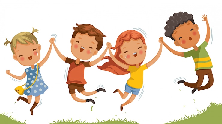 Vecteur enfants sautant les garçons et les filles jouent ensemble avec bonheur