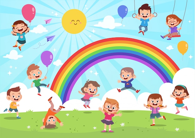 Enfants Sautant Sous Le Dessin Animé Coloré Arc-en-ciel