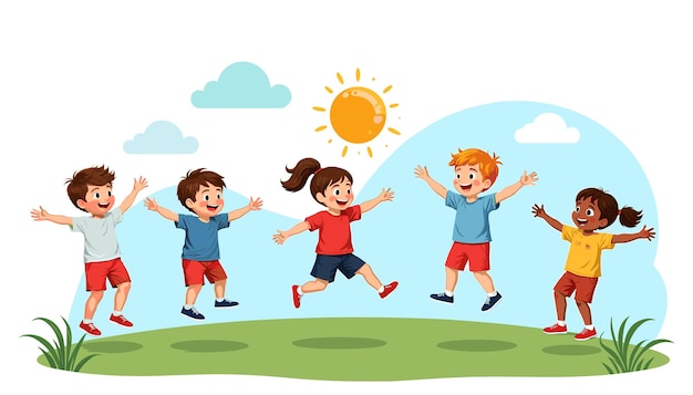 Des enfants souriants courent dans un champ d'été.
