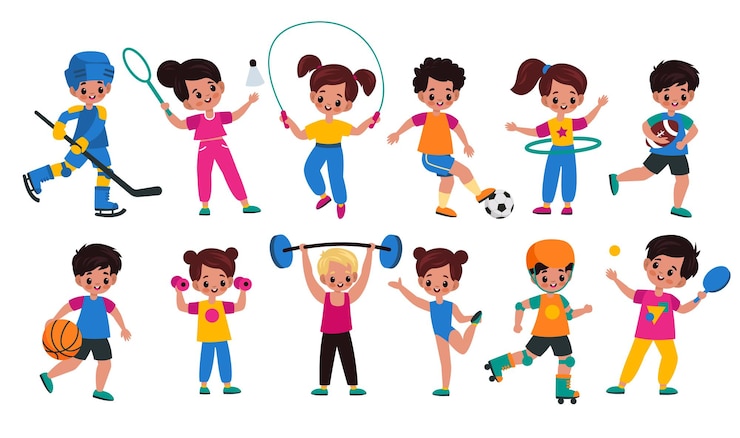 Vecteur enfants sportifs enfants avec des attributs sportifs garçons et filles avec différentes balles, accessoires de fitness et raquettes les jeunes personnages jouent au hockey, au tennis et au basket ensemble vectoriel de dessins animés