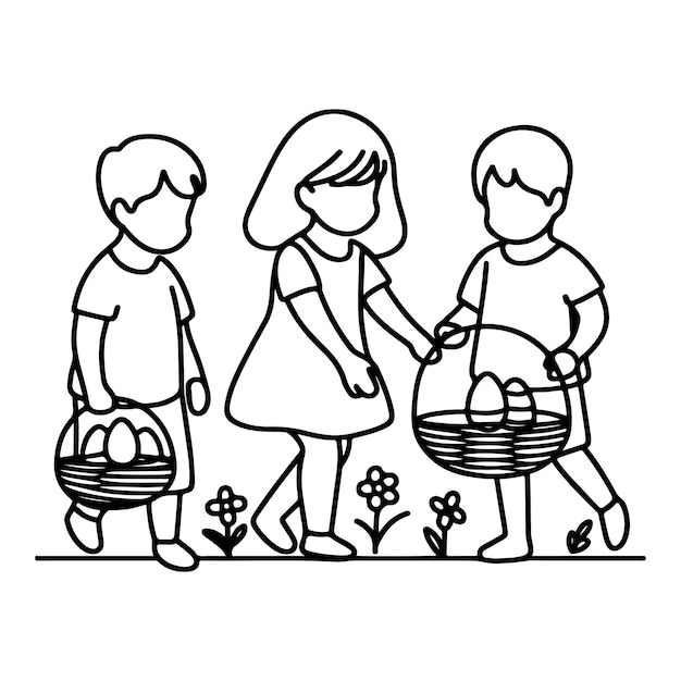Les enfants trouvent et ramassent des œufs de chasse dessin de lapin dessiné à la main L'enfant porte un panier d'œufs de Pâques