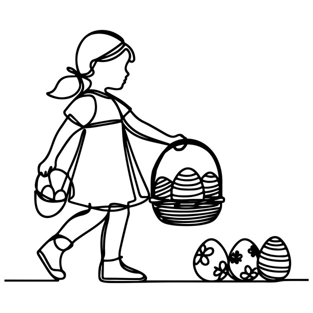 Les enfants trouvent et ramassent des œufs de chasse dessin de lapin dessiné à la main L'enfant porte un panier d'œufs de Pâques