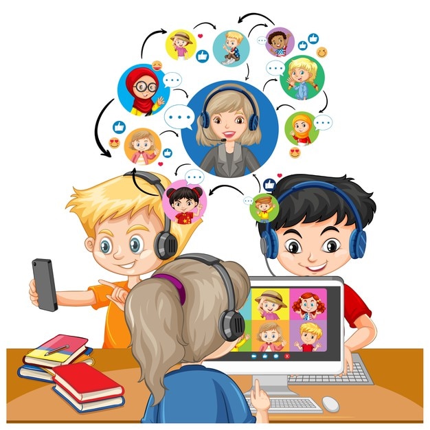 Enfants utilisant un ordinateur portable pour communiquer par vidéoconférence avec des enseignants et des amis