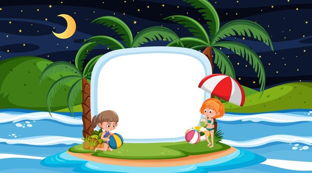 Enfants en vacances sur la scène nocturne de la plage avec un modèle de bannière vide