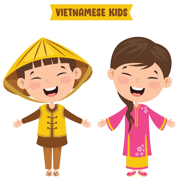 Enfants Vietnamiens Portant Des Vêtements Traditionnels
