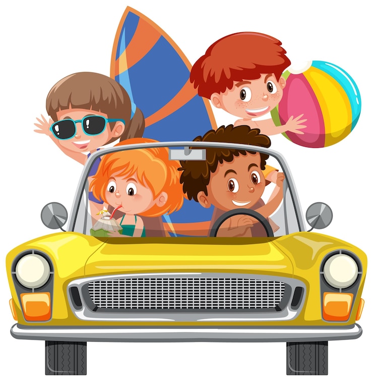 Vecteur enfants en voiture classique sur fond blanc