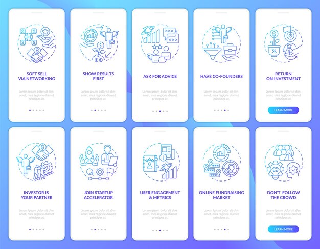 Engagez les investisseurs à intégrer un ensemble d'écrans d'applications mobiles à dégradé bleu